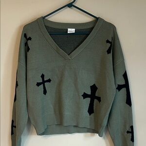 Naked Zebra Khaki V-Neck Sweater with Black Cross Pattern NWOT